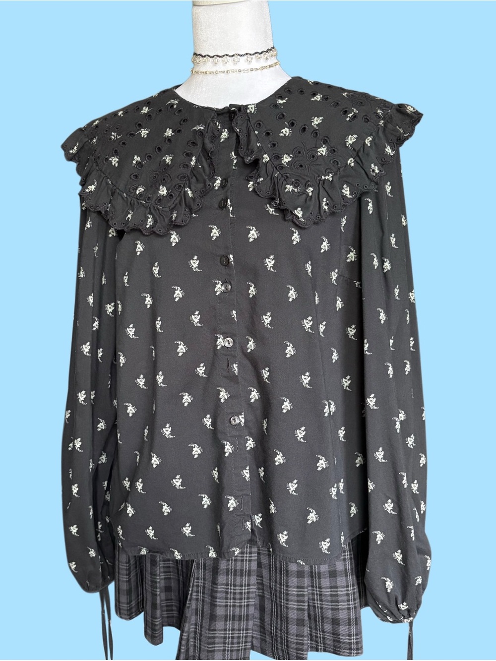 Whimsigoth cotton Black Blouse with Eyelet Collar